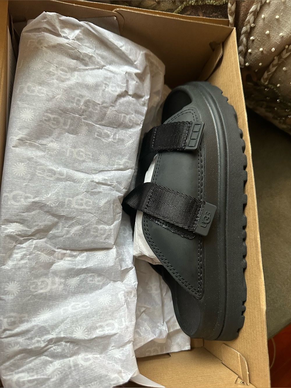 UGG Youth Black Platform Slide with Adjustable Webbing Straps